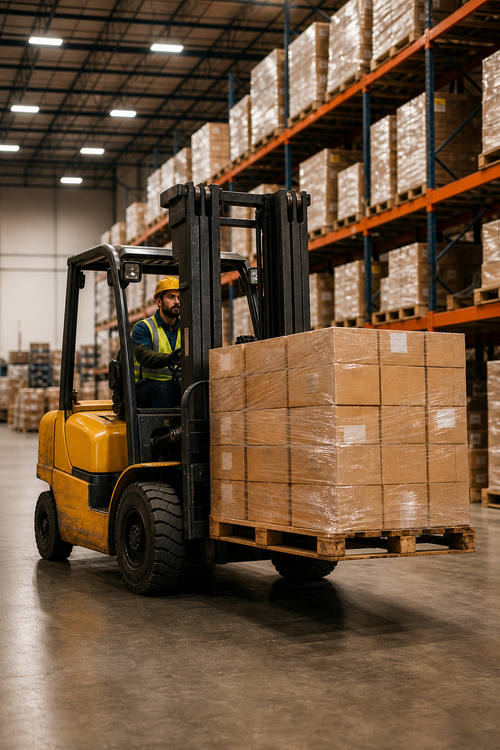 Portrait View Of Warehouse With Forklift