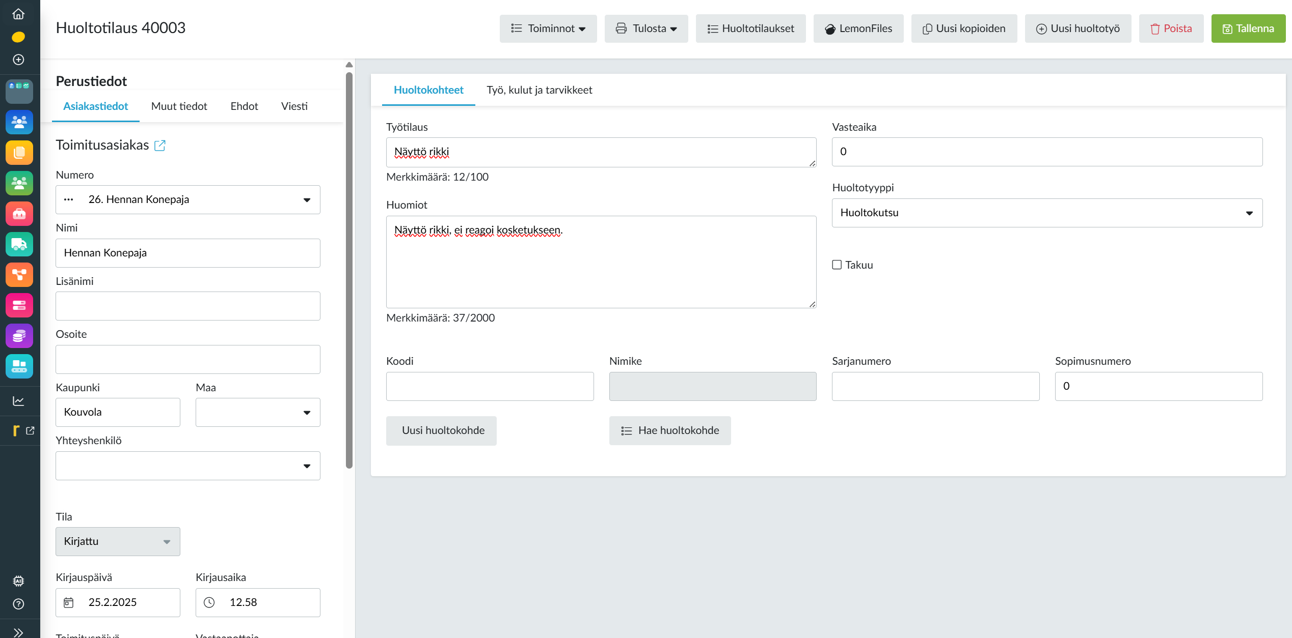 lemonsoft-huoltotyon-kirjausnaytto