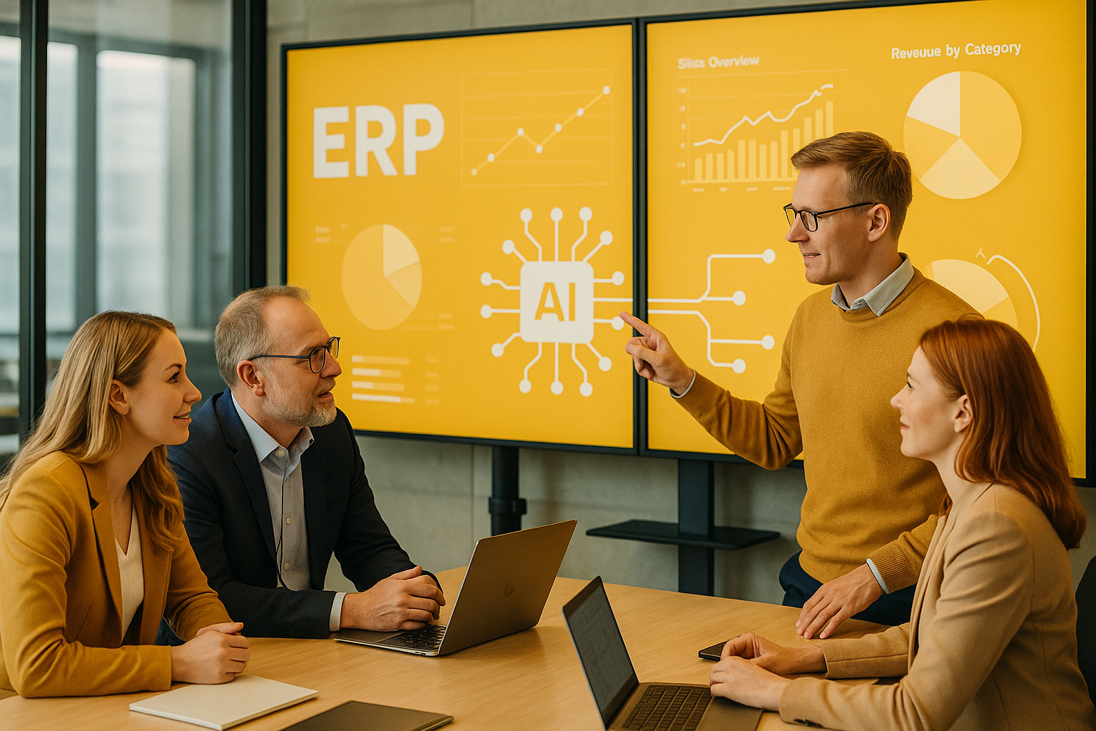 blog.lemonsoft.fihubfsAI-Generated MediaImagesRealistic photo of a Finnish business team working together in a modern office They are looking at