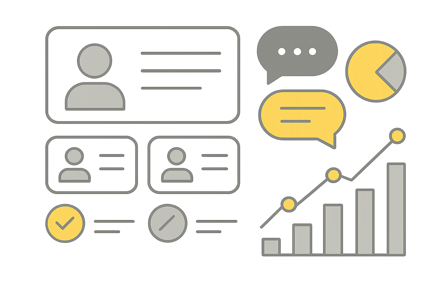 Graafinen kuvitus CRM:stä osana ERP-järjestelmää, jossa asiakaspolku, kontaktit ja myyntiputki näkyvät yhtenäisessä näkymässä