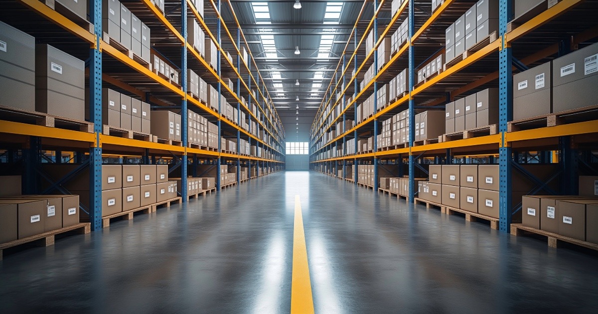 Kuva varastosta, jonka hyllyillä on paljon laatikoita